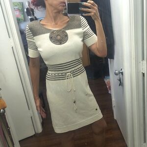St John Sport Metallic Taupe & Ivory & Santana Knit Dress Beads Doilie Accent S
